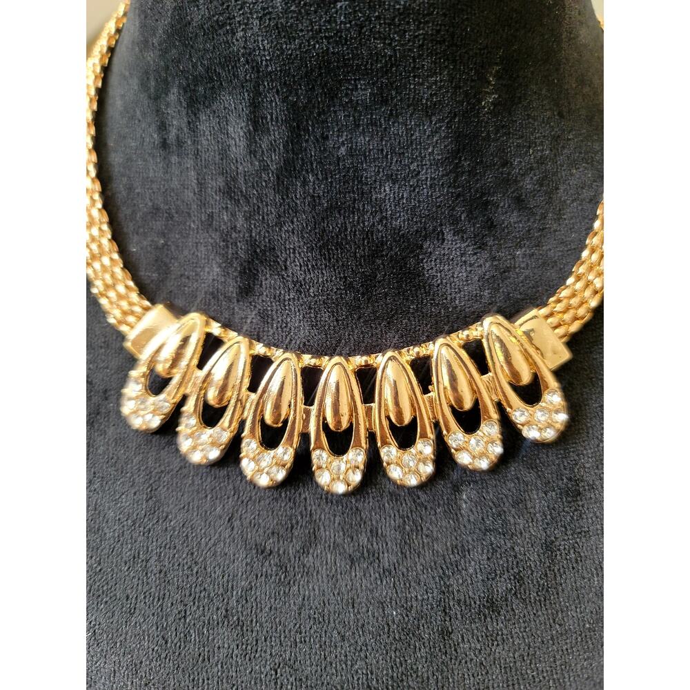 Vintage Gold Tone Rhinestone Bib Necklace Lightweight Statement Collar Retro - Picture 2 of 6